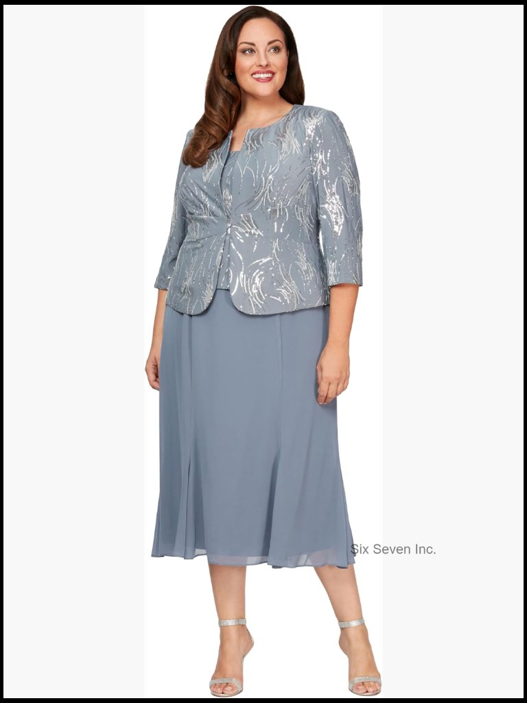 Plus Size Tea Length Button-Front Jacket Dress With Sequin Bodice